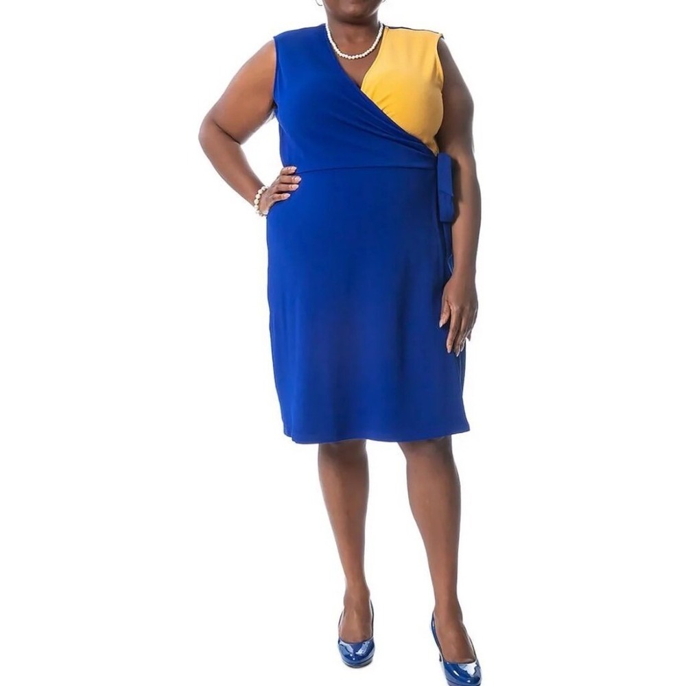 Kasper Dress Wrap Sleeveless Color Block Career Size XXL Royal Blue Gold  NEW